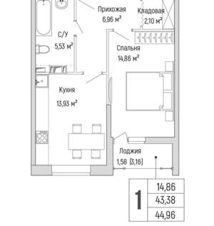1-к квартира, вторичка, 45м2, 3/9 этаж