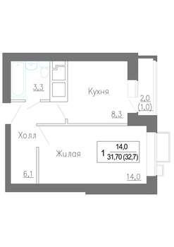 1-к квартира, строящийся дом, 33м2, 4/4 этаж
