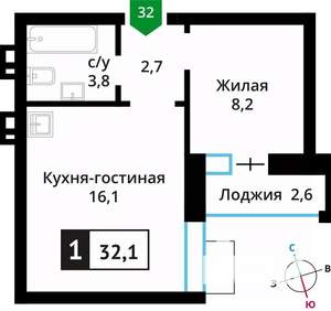 1-к квартира, вторичка, 32м2, 2/6 этаж