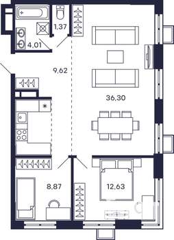 2-к квартира, строящийся дом, 73м2, 14/28 этаж