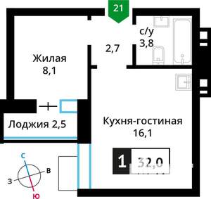 1-к квартира, строящийся дом, 32м2, 6/9 этаж