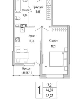 1-к квартира, вторичка, 47м2, 4/9 этаж