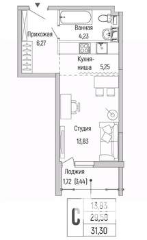 Студия квартира, вторичка, 31м2, 6/9 этаж