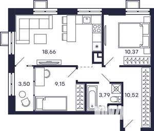 2-к квартира, строящийся дом, 56м2, 14/28 этаж