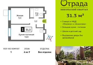 1-к квартира, вторичка, 31м2, 6/9 этаж