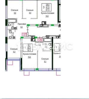 3-к квартира, сданный дом, 62м2, 9/9 этаж