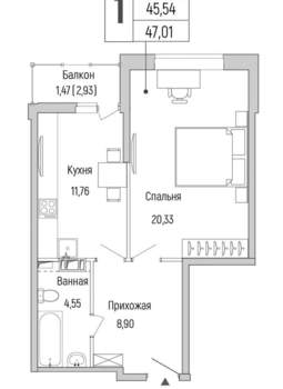 1-к квартира, вторичка, 47м2, 7/9 этаж
