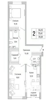 2-к квартира, вторичка, 77м2, 9/9 этаж