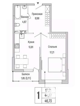 1-к квартира, вторичка, 47м2, 8/9 этаж