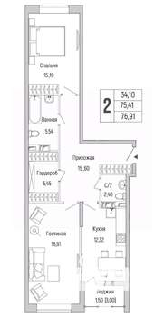 2-к квартира, вторичка, 77м2, 4/9 этаж