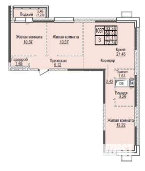 3-к квартира, вторичка, 72м2, 6/24 этаж
