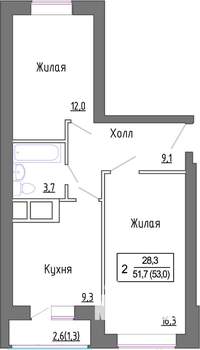 2-к квартира, строящийся дом, 53м2, 3/5 этаж