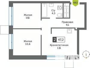 2-к квартира, вторичка, 47м2, 24/32 этаж