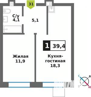 1-к квартира, вторичка, 39м2, 7/9 этаж