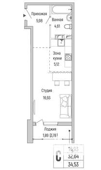 Студия квартира, вторичка, 35м2, 5/9 этаж