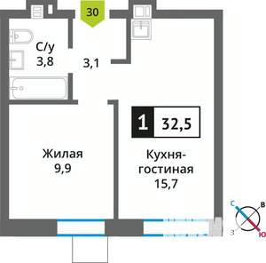 1-к квартира, вторичка, 33м2, 6/9 этаж