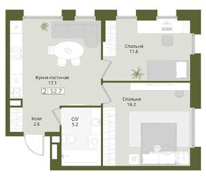 2-к квартира, вторичка, 53м2, 1/8 этаж
