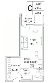 Студия квартира, вторичка, 31м2, 6/9 этаж