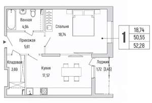 1-к квартира, вторичка, 52м2, 1/9 этаж
