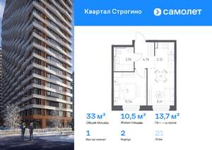 1-к квартира, вторичка, 33м2, 21/24 этаж