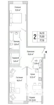 2-к квартира, вторичка, 77м2, 1/9 этаж