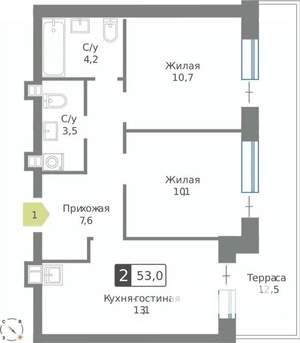 2-к квартира, строящийся дом, 53м2, 1/9 этаж