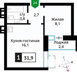 1-к квартира, вторичка, 32м2, 6/6 этаж