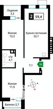 2-к квартира, вторичка, 59м2, 6/6 этаж