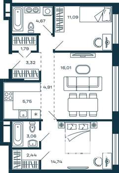 2-к квартира, строящийся дом, 68м2, 22/25 этаж