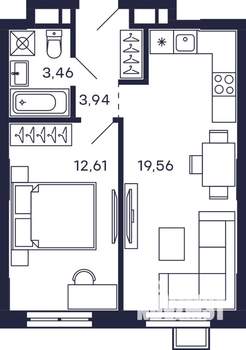 1-к квартира, строящийся дом, 40м2, 12/28 этаж