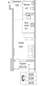 Студия квартира, вторичка, 35м2, 3/9 этаж