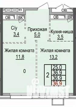 2-к квартира, сданный дом, 37м2, 16/24 этаж