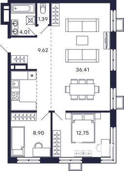 2-к квартира, строящийся дом, 73м2, 16/28 этаж