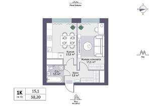 1-к квартира, строящийся дом, 38м2, 5/5 этаж