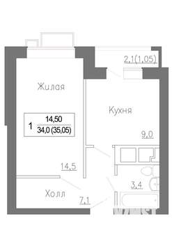 1-к квартира, строящийся дом, 36м2, 3/5 этаж