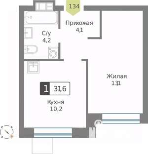 1-к квартира, строящийся дом, 32м2, 7/9 этаж