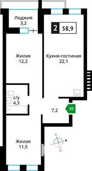 2-к квартира, строящийся дом, 59м2, 2/6 этаж
