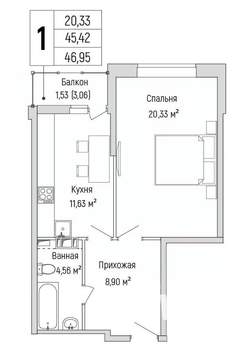 1-к квартира, вторичка, 47м2, 7/9 этаж