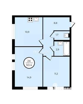2-к квартира, сданный дом, 50м2, 6/9 этаж