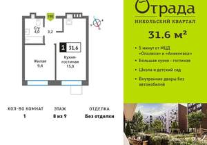 1-к квартира, вторичка, 32м2, 8/9 этаж