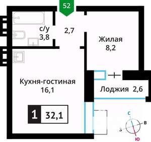 1-к квартира, вторичка, 32м2, 6/6 этаж