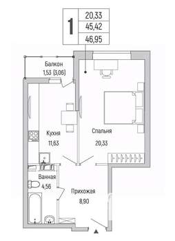 1-к квартира, вторичка, 47м2, 8/9 этаж