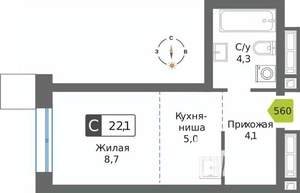 Студия квартира, вторичка, 22м2, 15/32 этаж