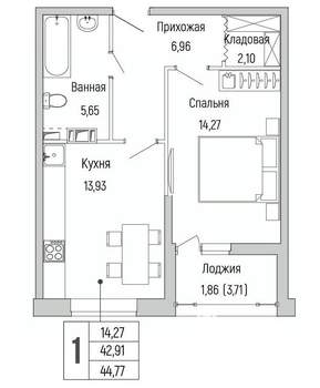 1-к квартира, вторичка, 45м2, 8/9 этаж