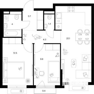 2-к квартира, вторичка, 58м2, 4/9 этаж