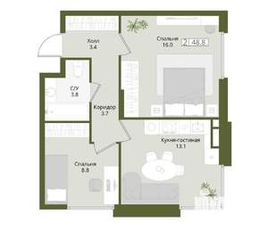 2-к квартира, вторичка, 49м2, 2/8 этаж