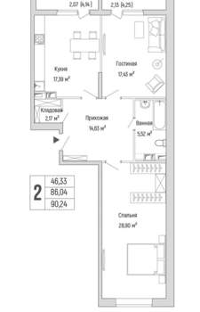 2-к квартира, вторичка, 90м2, 6/9 этаж