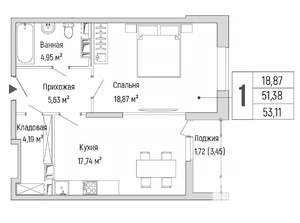 1-к квартира, вторичка, 53м2, 4/9 этаж