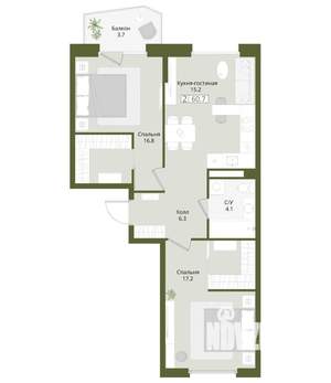 2-к квартира, вторичка, 61м2, 2/8 этаж