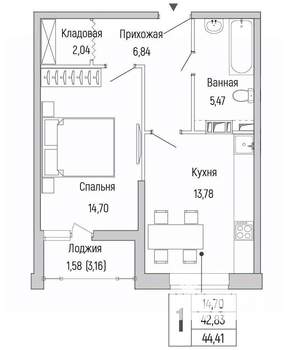 1-к квартира, вторичка, 44м2, 4/9 этаж